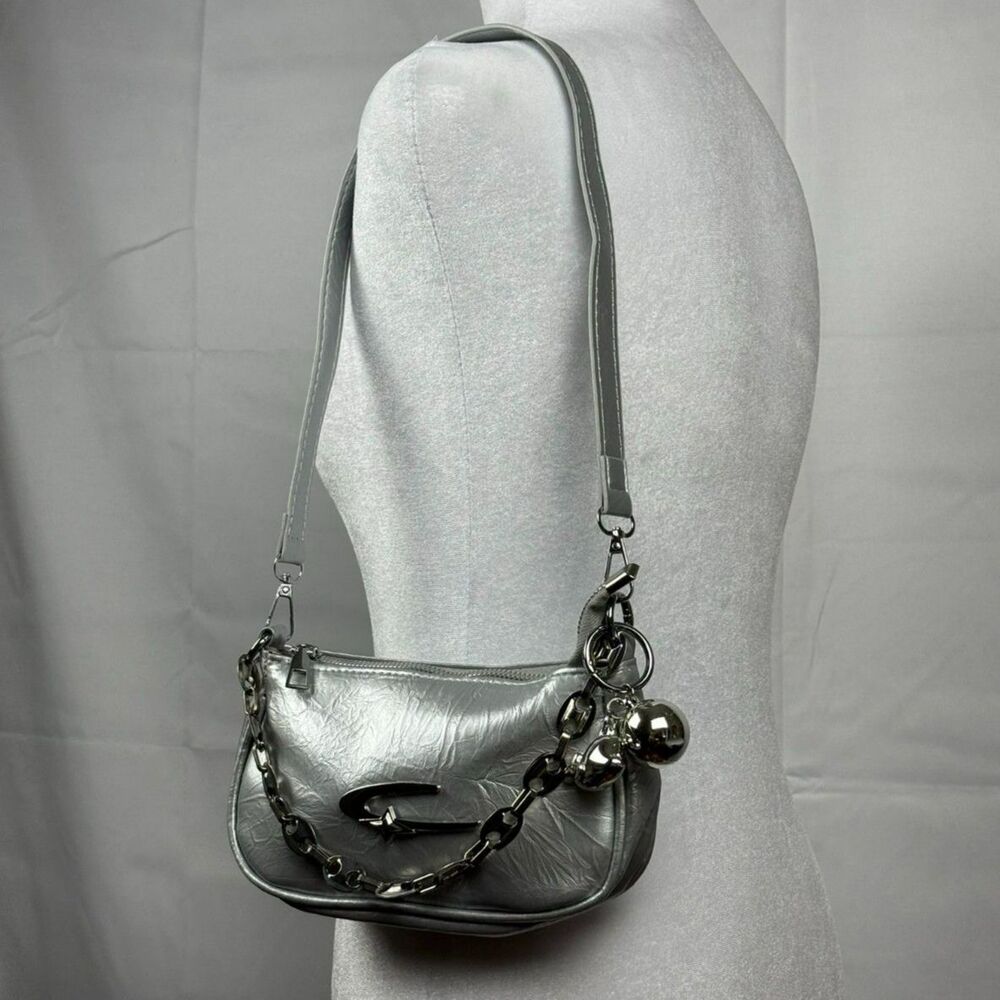 Y2K Cyberpunk Silver Crinkle Texture PU Leather Crescent Moon Shoulder Bag